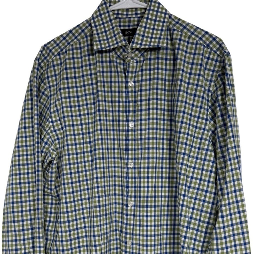 Hugo Boss Sharp Fit Shirt Mens 17.5 34/35 Green Blue Gingham Check Button Down